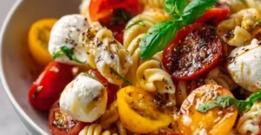 Nudelsalat mit Mozzarella und Kirschtomaten in einer bunten Schüssel