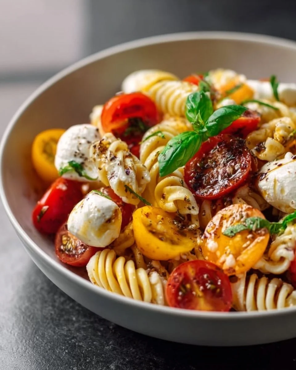 Nudelsalat mit Mozzarella und Kirschtomaten in einer bunten Schüssel