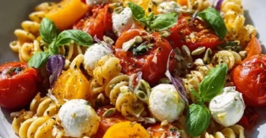 Nudelsalat mit Mozzarella und Kirschtomaten auf einem Teller serviert