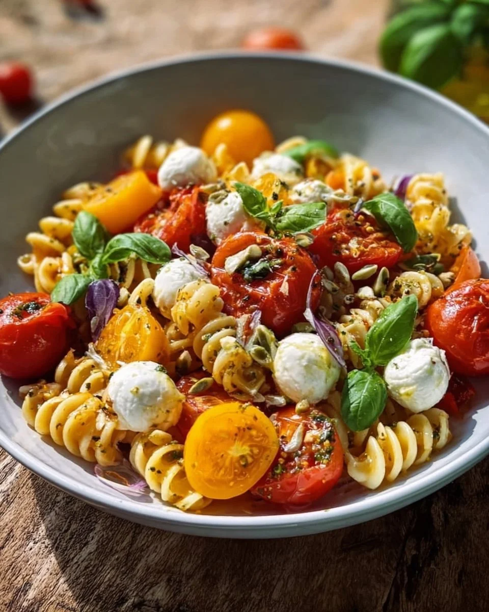 Nudelsalat mit Mozzarella und Kirschtomaten auf einem Teller serviert