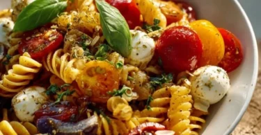 Nudelsalat mit Mozzarella und Kirschtomaten auf einem weißen Teller