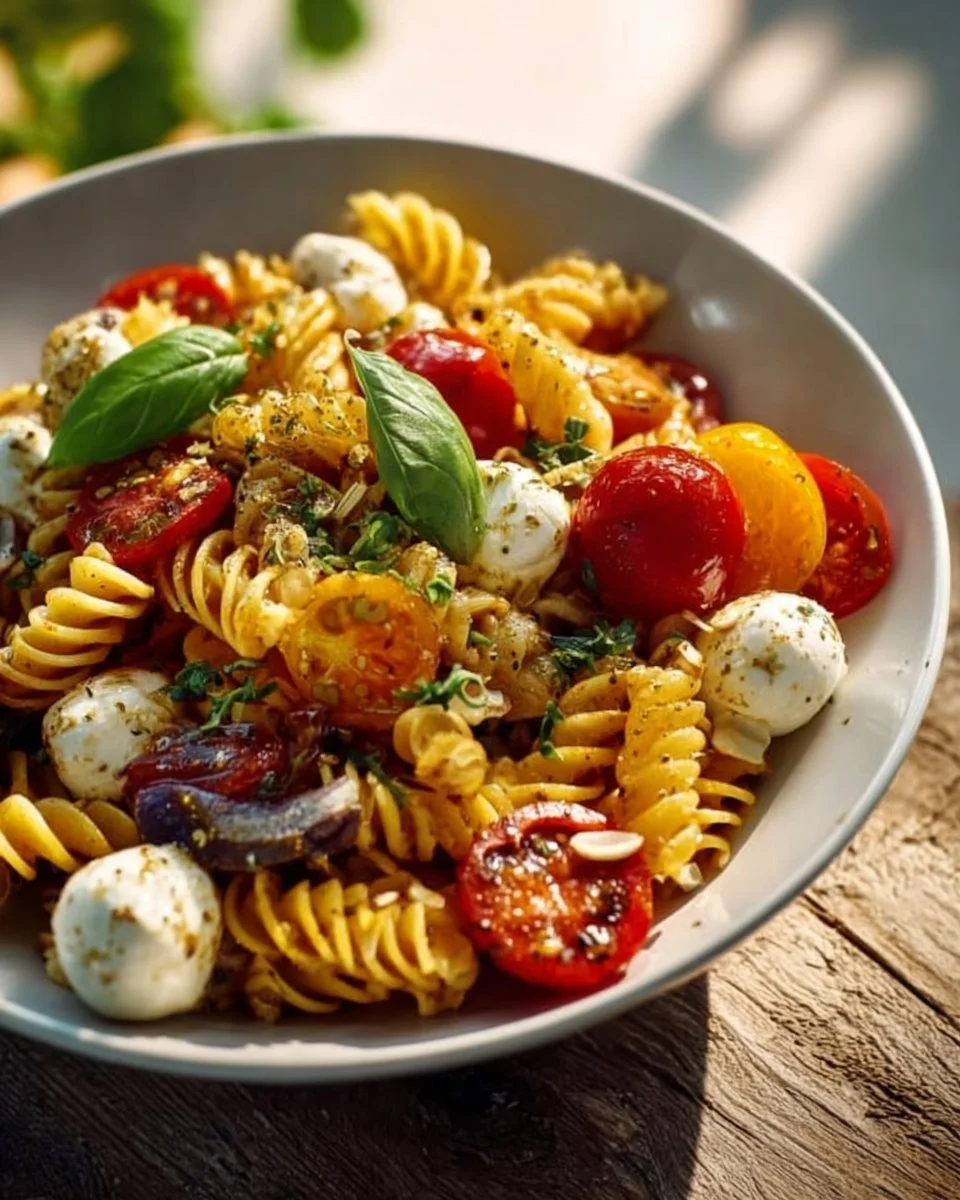 Nudelsalat mit Mozzarella und Kirschtomaten auf einem weißen Teller