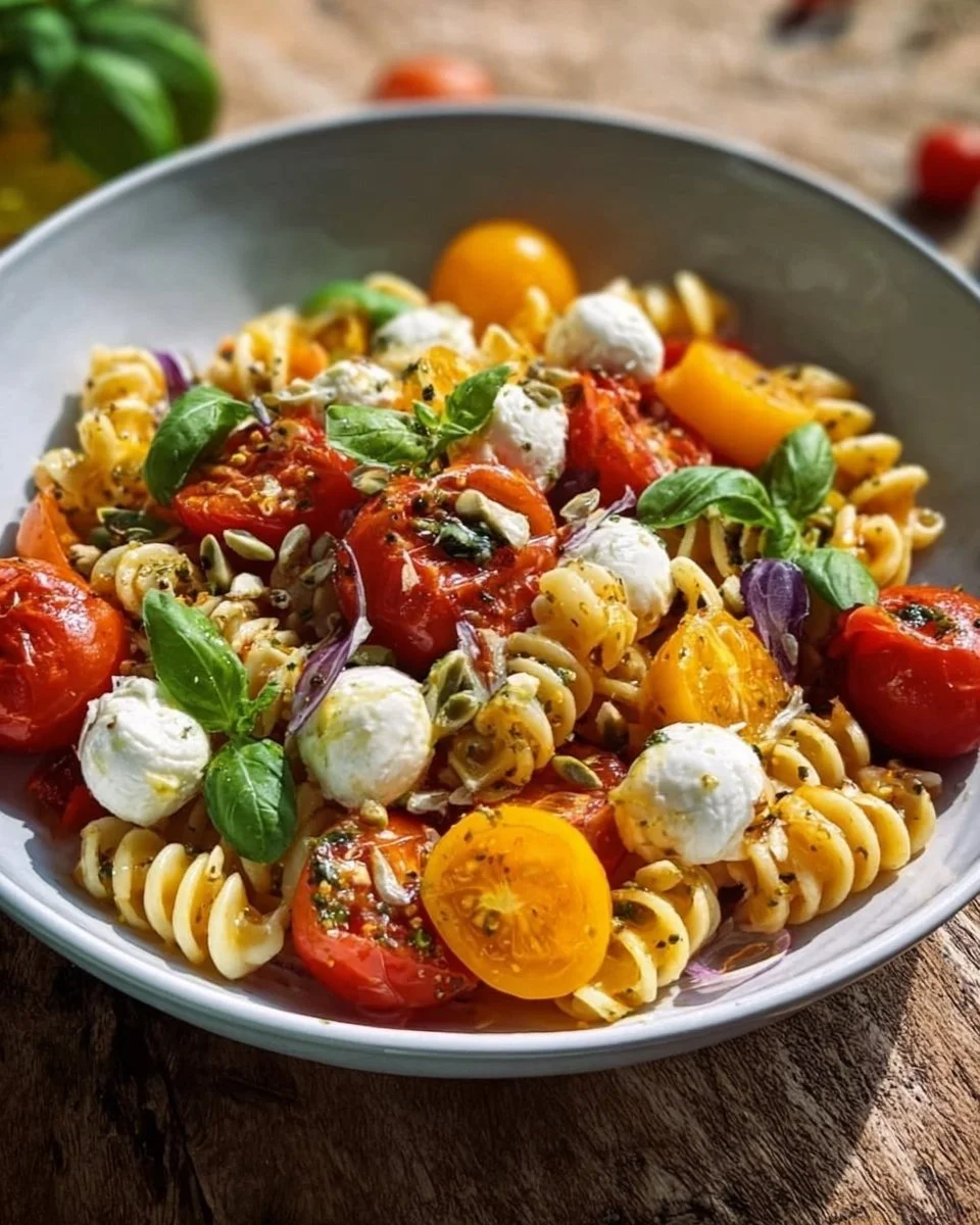 Nudelsalat mit Mozzarella und Kirschtomaten