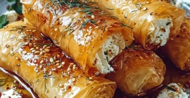 Ofen gebackene Feta-Röllchen mit Chili-Honig auf einem Teller serviert