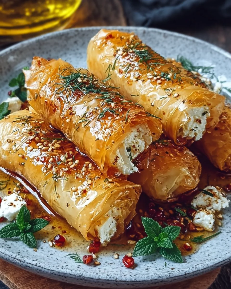 Ofen gebackene Feta-Röllchen mit Chili-Honig auf einem Teller serviert