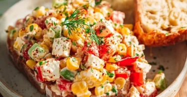 Paprika-Mais-Salat mit Feta und Joghurt in einer bunten Schüssel