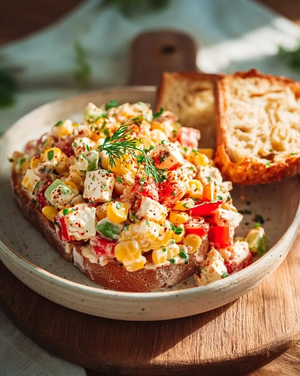 Paprika-Mais-Salat mit Feta und Joghurt in einer bunten Schüssel
