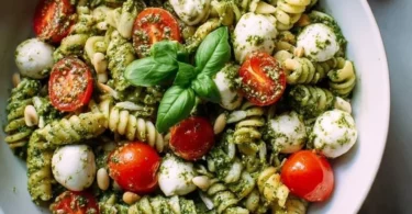 Pesto Nudelsalat mit Kirschtomaten auf einem Teller serviert