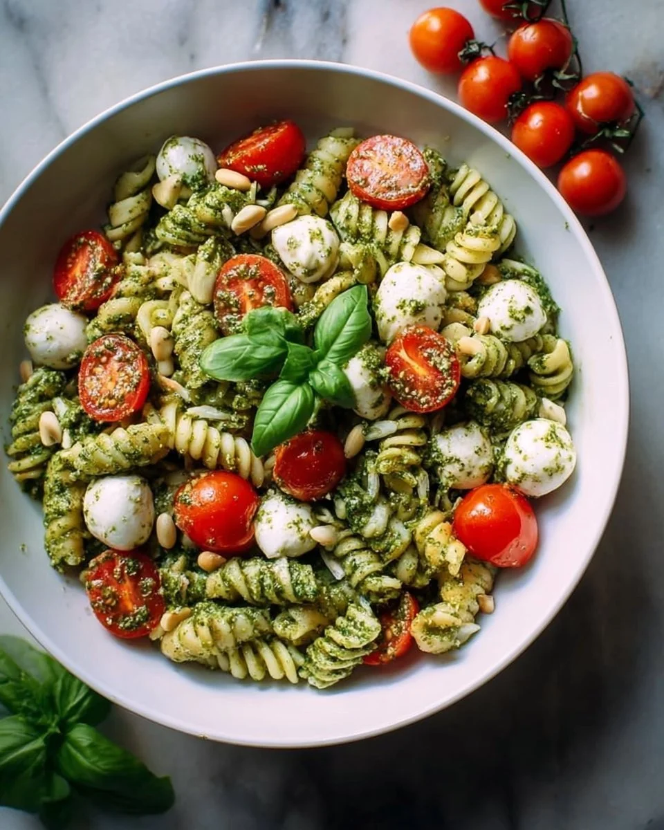 Pesto Nudelsalat mit Kirschtomaten auf einem Teller serviert