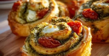 Pesto-Schnecken mit Tomaten und Mozzarella auf einem Teller