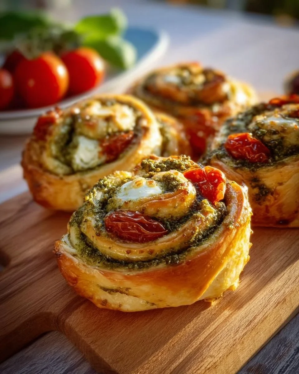 Pesto-Schnecken mit Tomaten und Mozzarella auf einem Teller