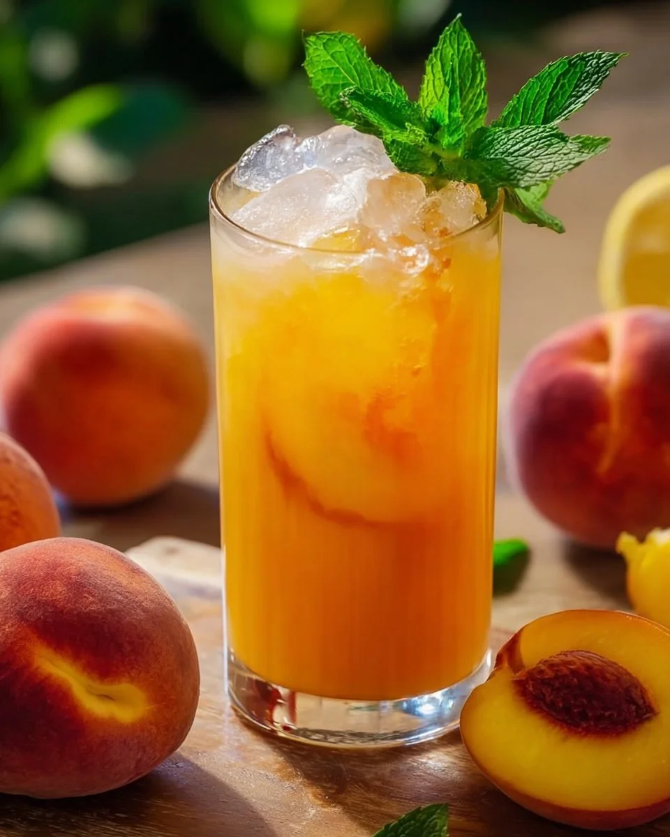 Erfrischende Pfirsich-Limonade in einem Glas mit frischen Pfirsichen