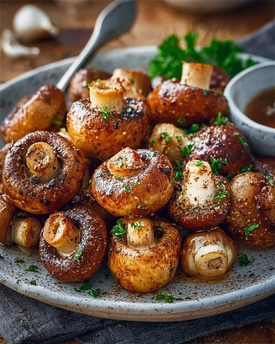 Köstliche Pilze aus der Heißluftfritteuse, perfekt zubereitet und serviert.