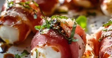 Leckere Rindfleisch Häppchen mit Prosciutto und Mozzarella auf einem Teller