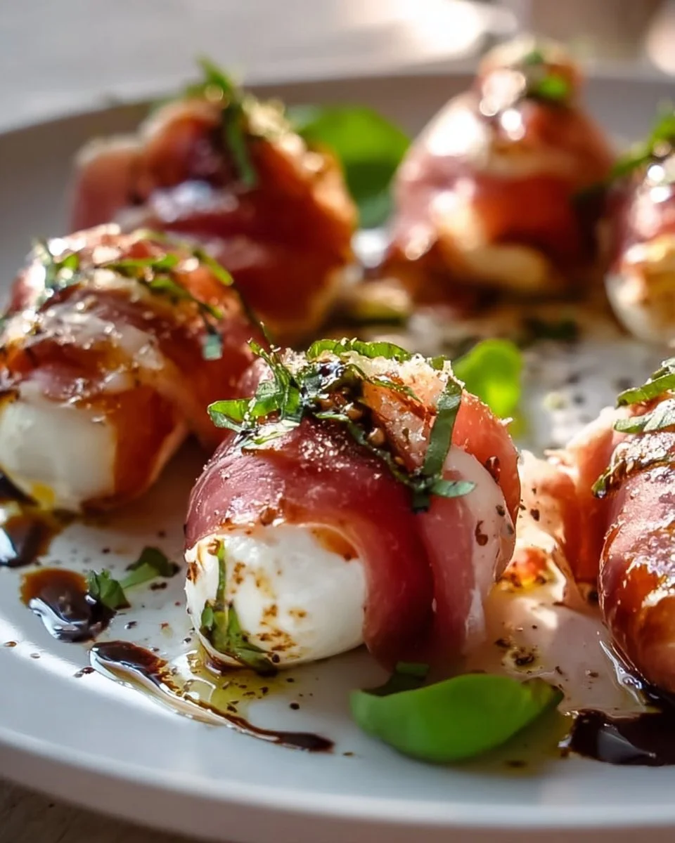 Leckere Rindfleisch Häppchen mit Prosciutto und Mozzarella auf einem Teller