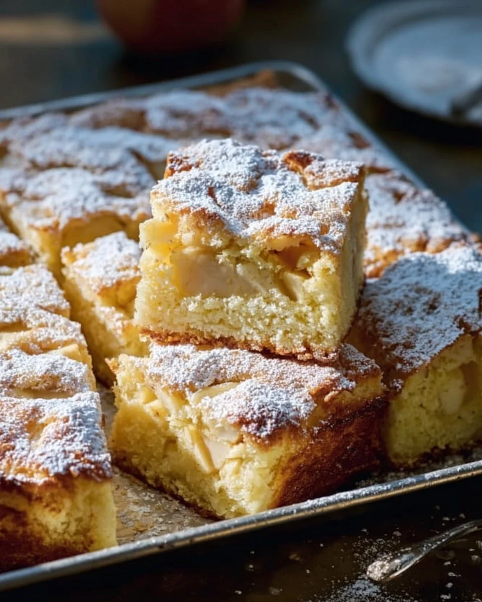 Ruck Zuck Apfelkuchen vom Blech auf einem weißen Teller mit Äpfeln