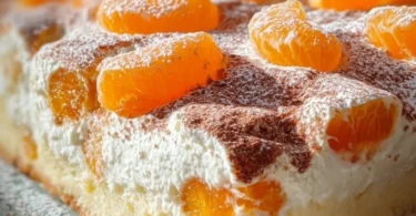 Schmandkuchen vom Blech mit Mandarinen auf einem rustikalen Tisch serviert