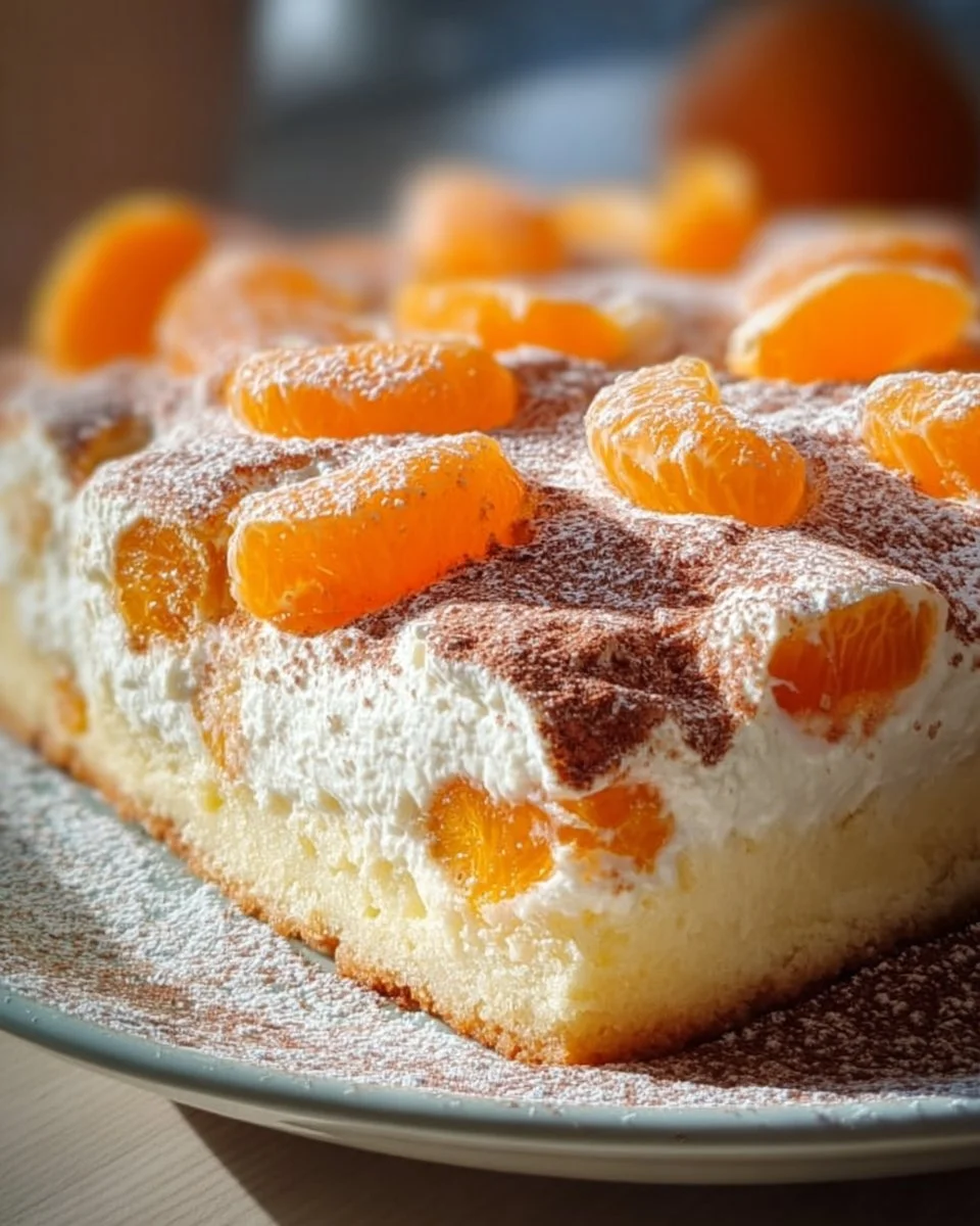 Schmandkuchen vom Blech mit Mandarinen auf einem rustikalen Tisch serviert