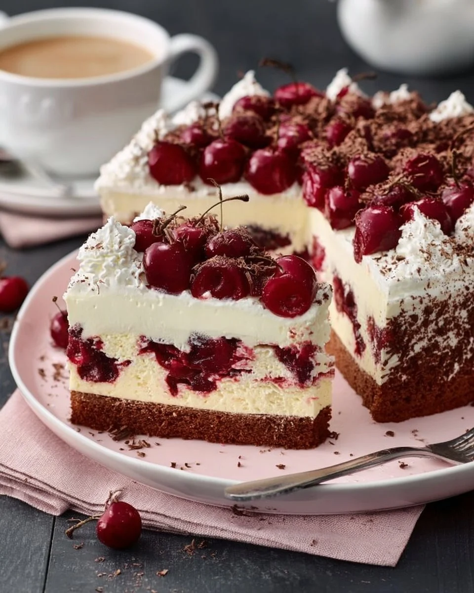 Schwarzwälder Kirschtorte vom Blech mit Kirschfüllung und Schlagsahne