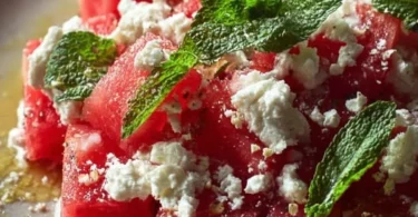 Sommerlicher Wassermelonen Feta Salat mit Minze auf einem Teller