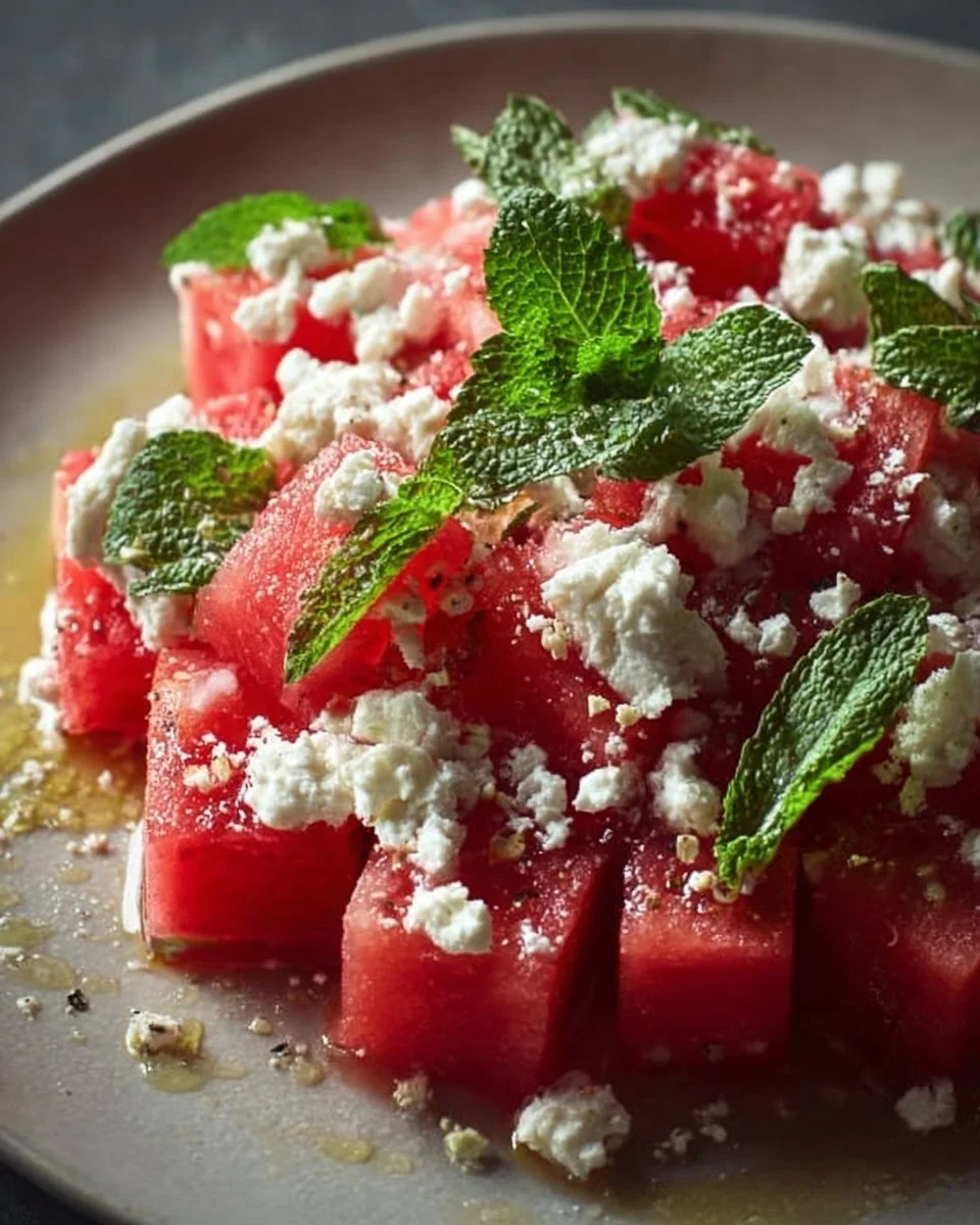 Sommerlicher Wassermelonen Feta Salat mit Minze auf einem Teller