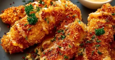 Krosse Air Fryer Hähnchenstreifen mit Honig-Senf-Sauce auf einem Teller