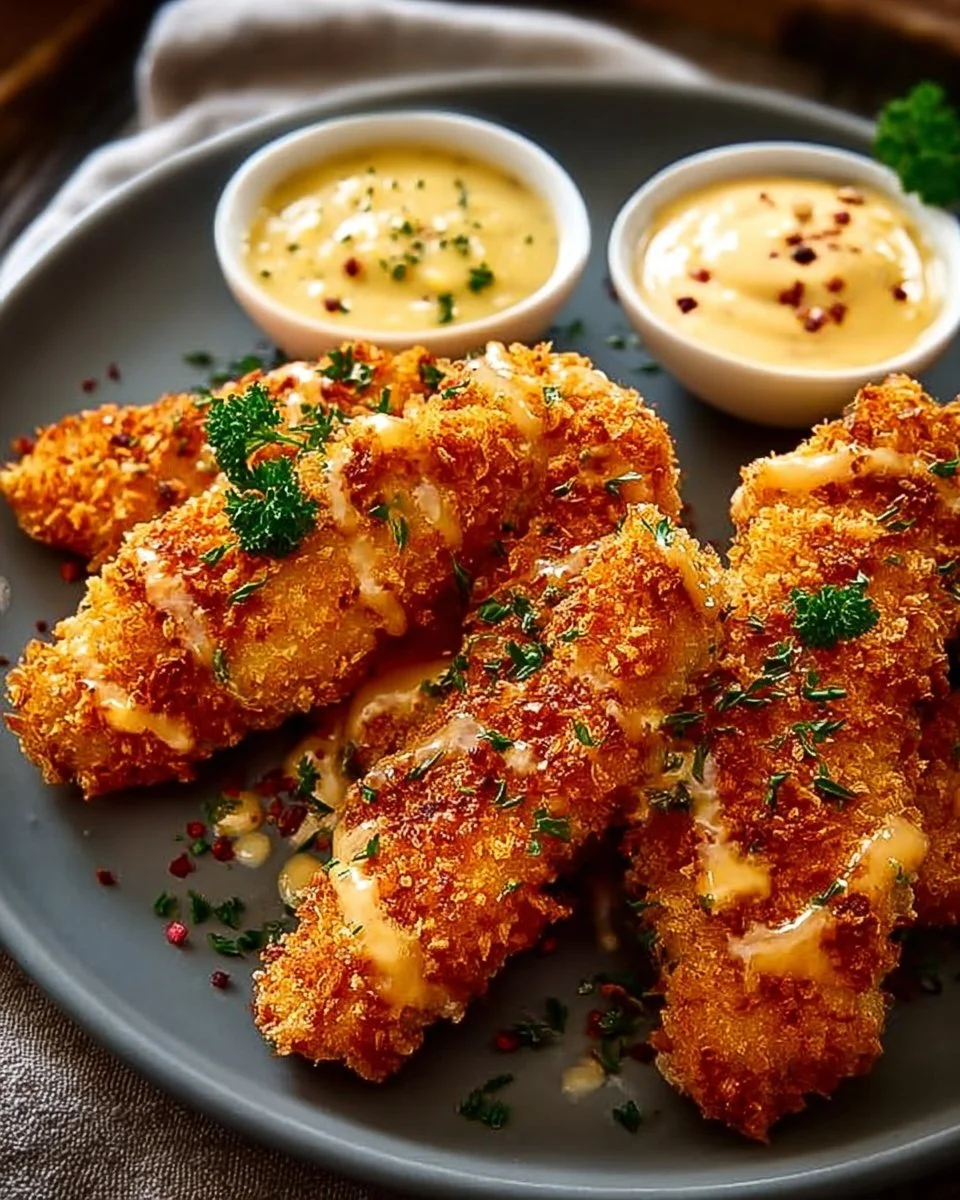Krosse Air Fryer Hähnchenstreifen mit Honig-Senf-Sauce auf einem Teller