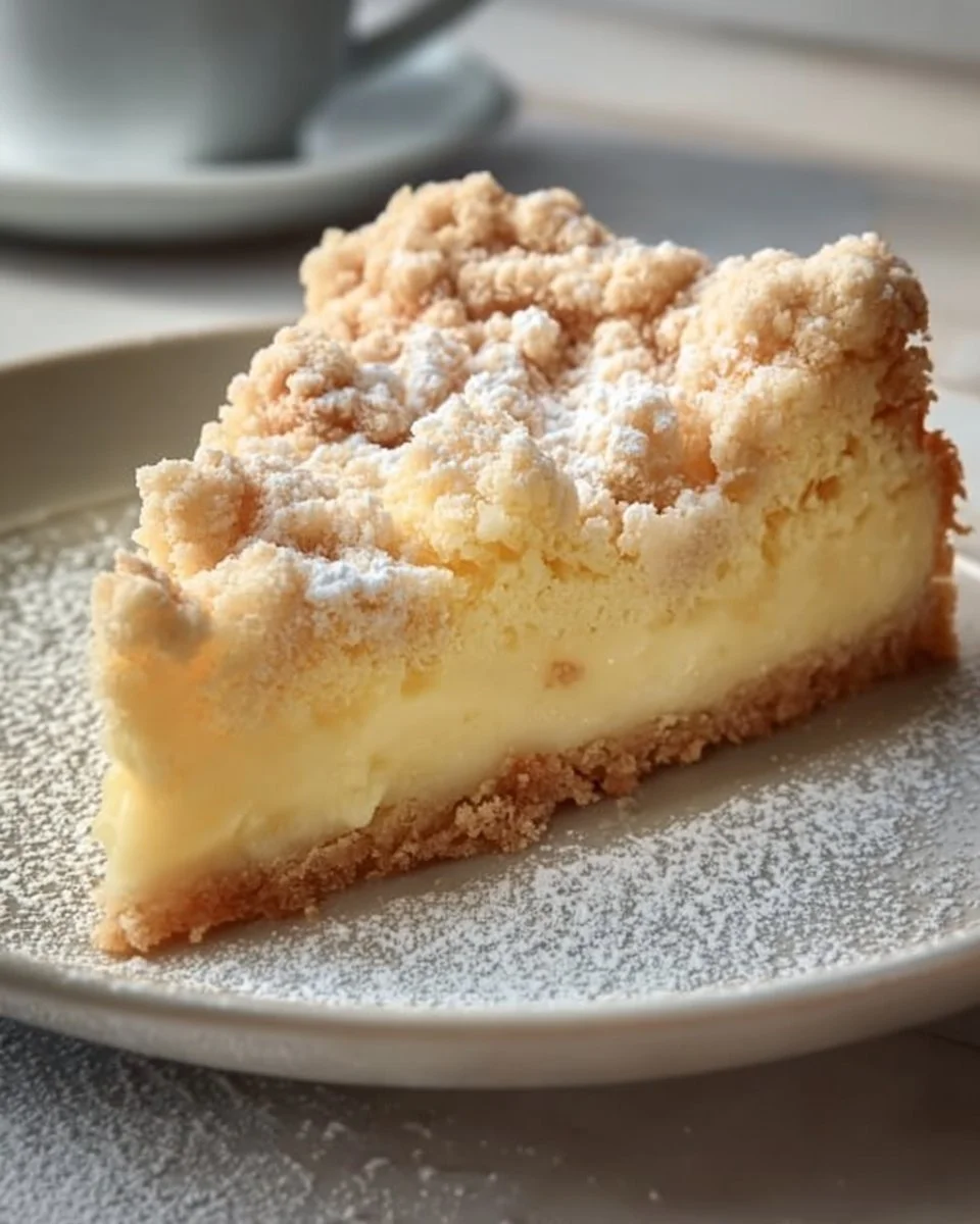 Leckerer Vanillepudding Streuselkuchen vom Blech mit knusprigen Streuseln