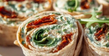 Vegetarische Wrap-Röllchen mit Rucola und frischen Tomaten auf einem Teller