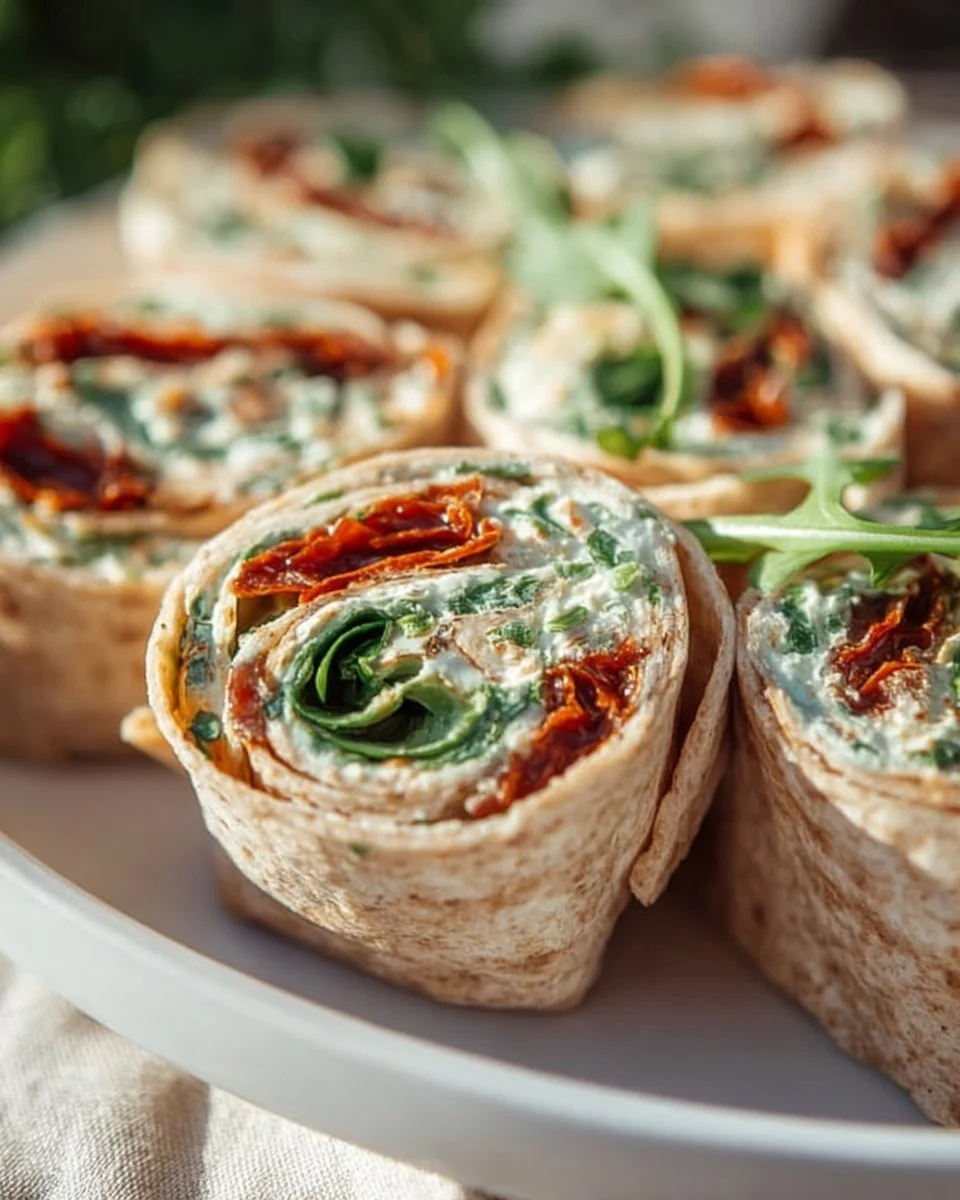 Vegetarische Wrap-Röllchen mit Rucola und frischen Tomaten auf einem Teller
