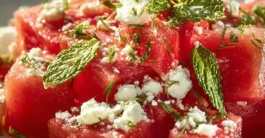 Erfrischender Wassermelonen-Feta-Salat mit frischen Zutaten.