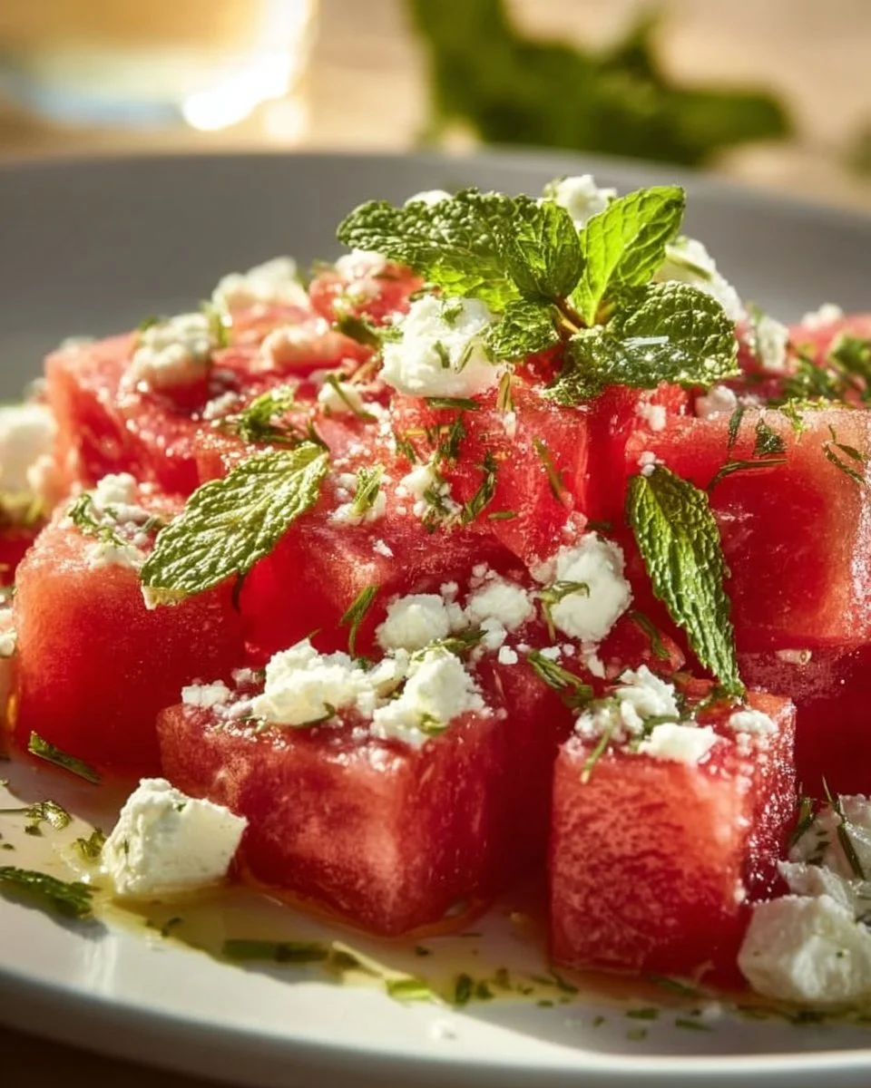 Erfrischender Wassermelonen-Feta-Salat mit frischen Zutaten.