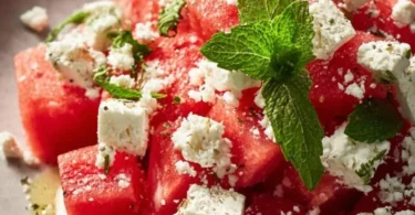 Wassermelonen Feta Salat mit frischer Minze auf einem Teller serviert.