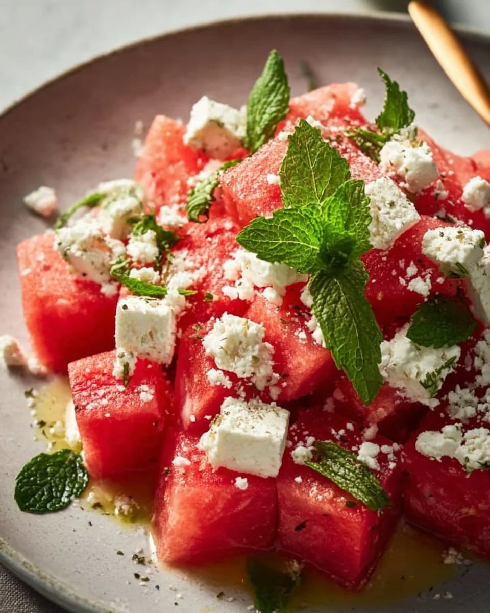 Wassermelonen Feta Salat mit frischer Minze auf einem Teller serviert.
