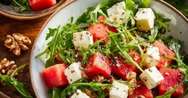 Wassermelonen-Feta-Salat mit Rucola auf einem Teller angerichtet