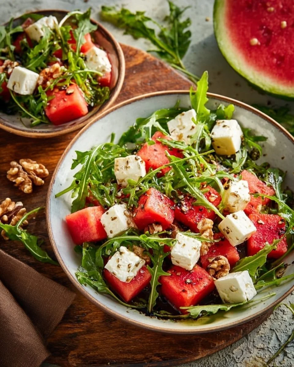 Wassermelonen-Feta-Salat mit Rucola auf einem Teller angerichtet