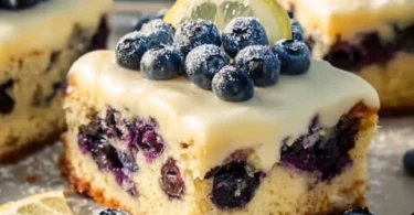 Zitronen-Blaubeer-Kuchen mit Cheesecake-Topping auf einem Tisch serviert
