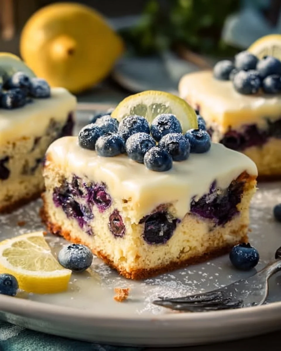 Zitronen-Blaubeer-Kuchen mit Cheesecake-Topping auf einem Tisch serviert