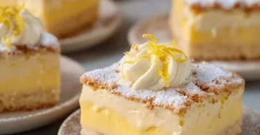 Zitronen-Butterkeks-Kuchen auf einem eleganten Teller mit frischen Zitronen