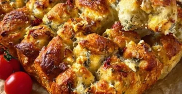 Zupfbrot mit getrockneten Tomaten, Feta und Mozzarella auf einem Holzbrett serviert.