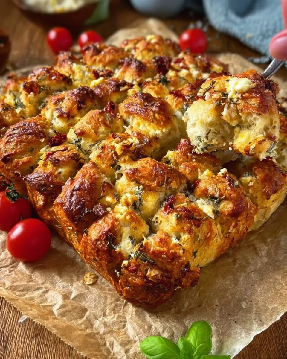 Zupfbrot mit getrockneten Tomaten, Feta und Mozzarella auf einem Holzbrett serviert.